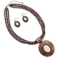 Cowgirl Chic Western Style Statement Concho Howlite Stone Medallion Pendant Beaded Necklace Earrings Set, 20"-23" with 3" Extender