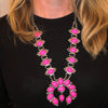 Cowgirl Chic Western Style Natural Semi Precious Howlite Stone Squash Blossom Necklace And Earrings Statement Set, 27"+3" Extension (Hot Pink With Dangle Center)