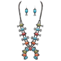 Statement Western Howlite Squash Blossom Necklace Earrings Set, 27"-30" with 3" Extension (Multicolored)