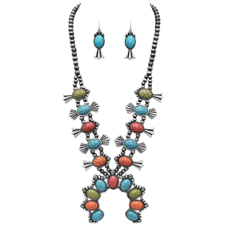 Statement Western Howlite Squash Blossom Necklace Earrings Set, 27"-30" with 3" Extension (Multicolored)