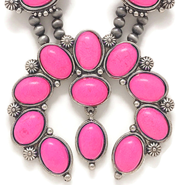 Cowgirl Chic Western Style Natural Semi Precious Howlite Stone Squash Blossom Necklace And Earrings Statement Set, 27"+3" Extension (Hot Pink With Dangle Center)