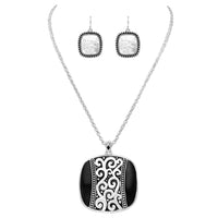 Women's Sleek Statement Polished Silver Tone Filigree Black Enamel Square Pendant Necklace Earrings Set, 18"-21" with 3" Extender