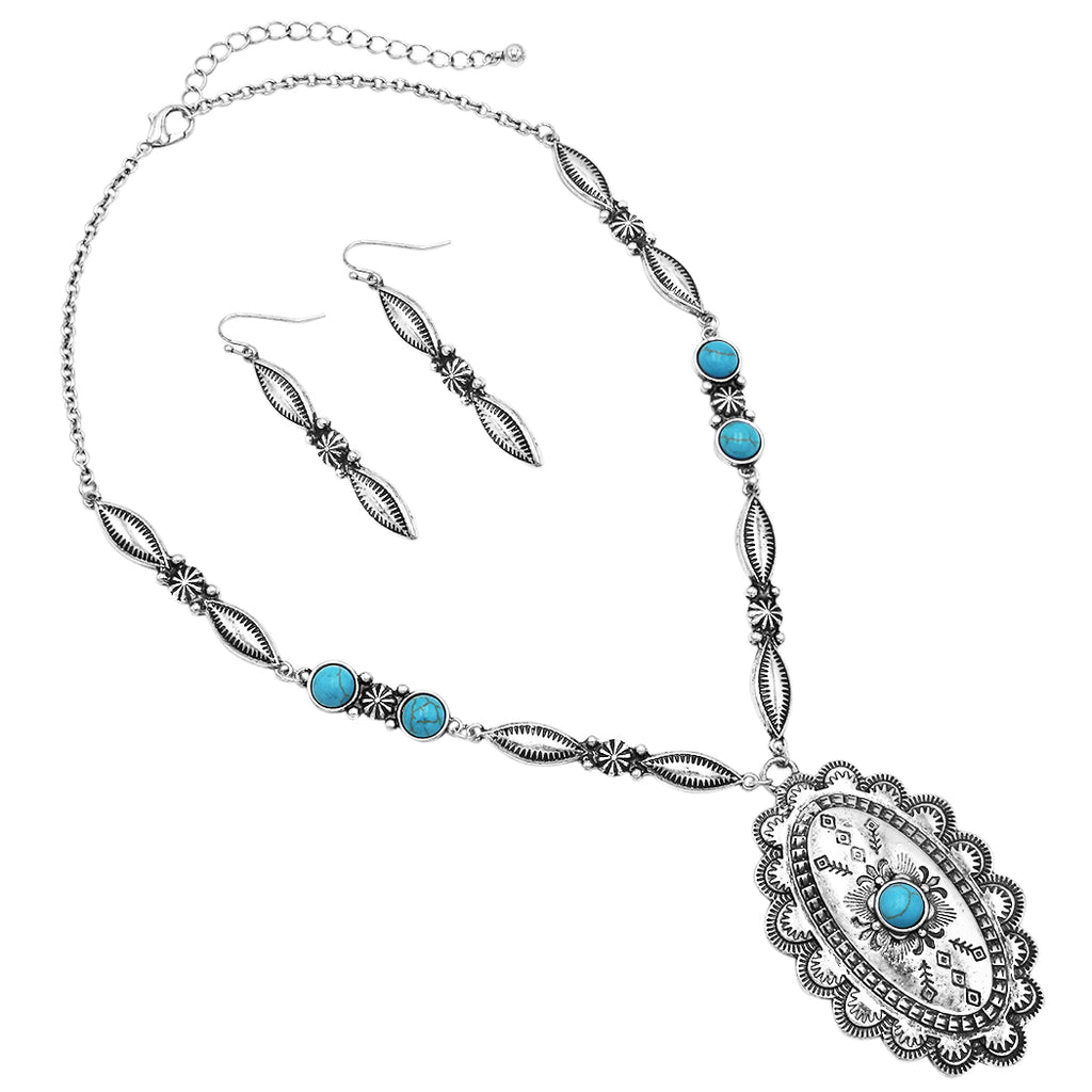 Western Style Turquoise Stone Squash Blossom Handcrafted Lariat Necklace 24  Inch and Matching Dangle Earrings