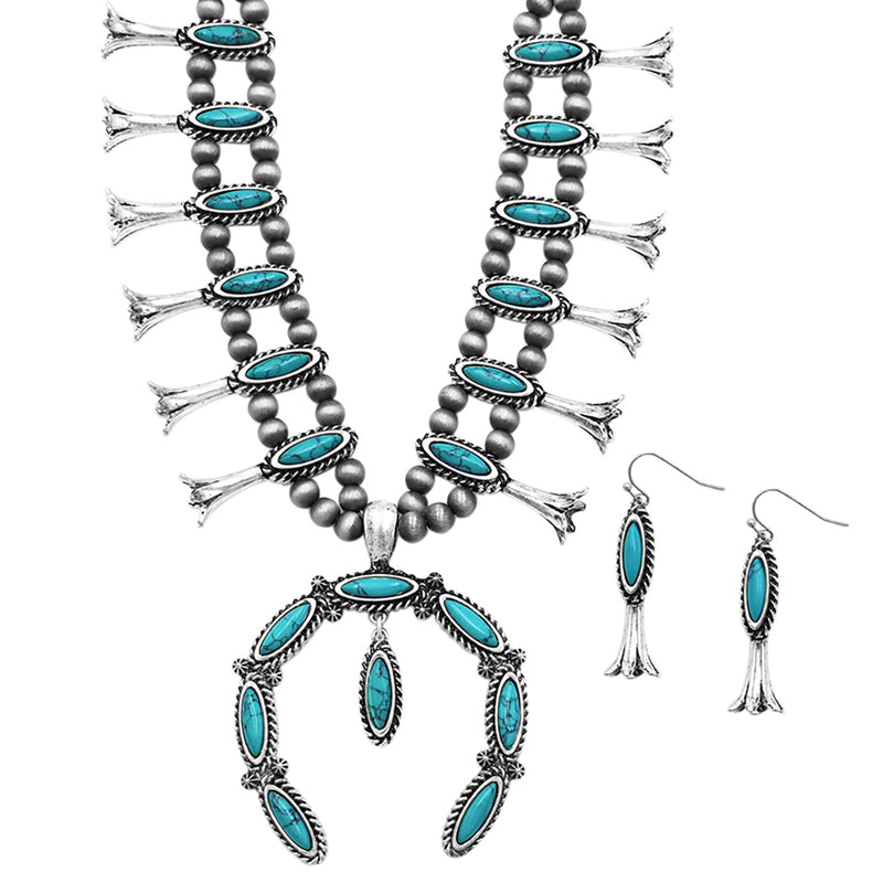 Colorful Natural Semi Precious Howlite Stone Statement Western Squash Blossom Necklace Earrings Set, 24"+3" Extension (Turquoise Blue)