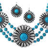 Cowgirl Chic Natural Howlite Stone Center Concho Western Jewelry Gift Set (5 Conchos Turquoise 3 Row Beads Necklace Earrings Set, 18"+3" Extender)