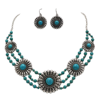 Cowgirl Chic Natural Howlite Stone Center Concho Western Jewelry Gift Set (5 Conchos Turquoise 3 Row Beads Necklace Earrings Set, 18"+3" Extender)