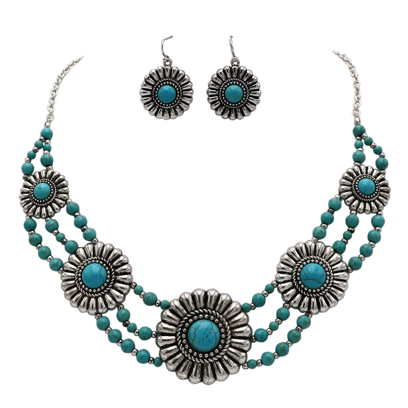 Cowgirl Chic Natural Howlite Stone Center Concho Western Jewelry Gift Set (5 Conchos Turquoise 3 Row Beads Necklace Earrings Set, 18"+3" Extender)