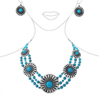 Cowgirl Chic Natural Howlite Stone Center Concho Western Jewelry Gift Set (5 Conchos Turquoise 3 Row Beads Necklace Earrings Set, 18"+3" Extender)