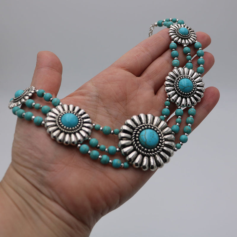 Cowgirl Chic Natural Howlite Stone Center Concho Western Jewelry Gift Set (5 Conchos Turquoise 3 Row Beads Necklace Earrings Set, 18"+3" Extender)