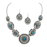 Cowgirl Chic Natural Howlite Stone Center Concho Western Jewelry Gift Set (Turquoise Burnished Silver Tone Round Center Necklace And Earrings, 18"+3" Extension)