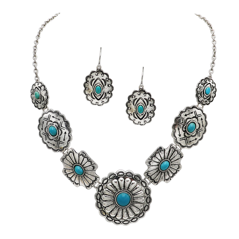 Cowgirl Chic Natural Howlite Stone Center Concho Western Jewelry Gift Set (Turquoise Burnished Silver Tone Round Center Necklace And Earrings, 18"+3" Extension)