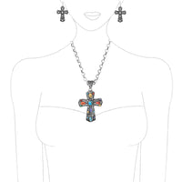 Rosemarie's Religious Gifts Women's Western Style Burnished Silver Tone Statement Christian Cross With Colorful Howlite Stones Necklace Earrings Gift Set, 18+3" Extender