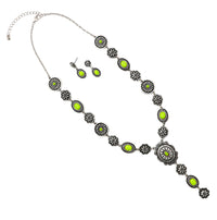 Stunning Vintage Western Style Conchos And Semi Precious Howlite Stone Y-Drop Necklace Earring Gift Set, 22"+3" Extender (Light Green)