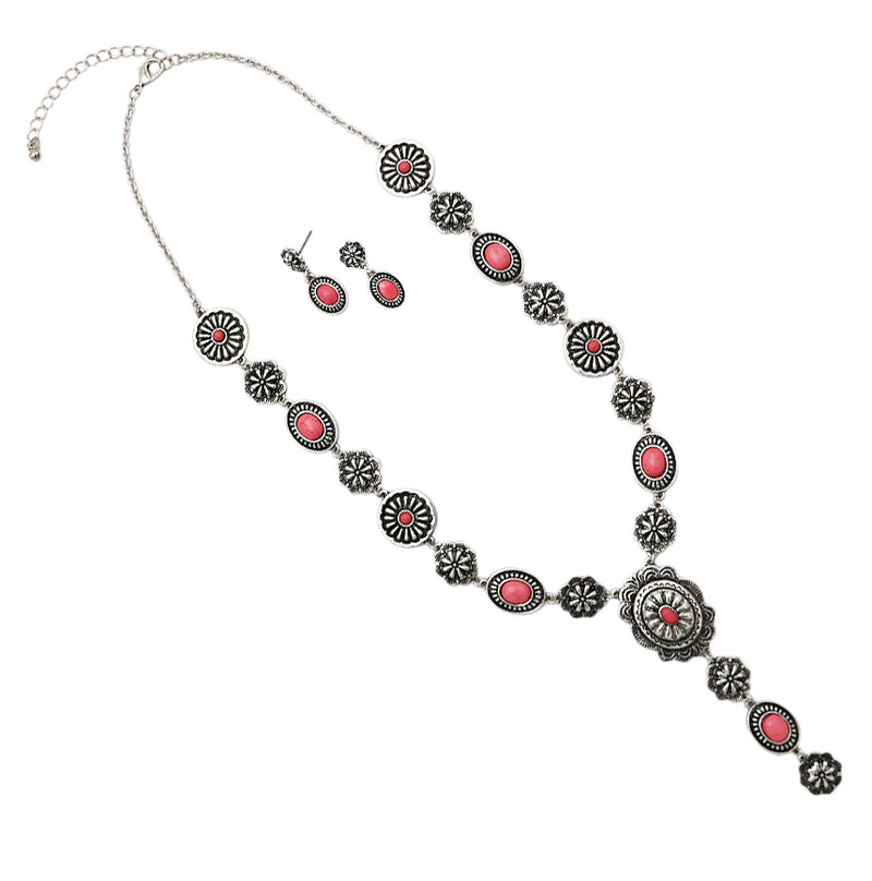 Women's Stunning Vintage Western Style Conchos And Semi Precious Howlite Stone Y-Drop Necklace Earring Gift Set, 22"+3" Extender (Pink)