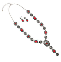 Stunning Vintage Western Style Conchos And Semi Precious Howlite Stone Y-Drop Necklace Earring Gift Set, 22"+3" Extender (Red)