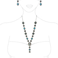 Stunning Vintage Western Style Conchos And Semi Precious Howlite Stone Y-Drop Necklace Earring Gift Set, 22"+3" Extender (Turquoise Blue)