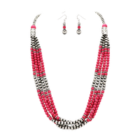 Women's Stunning Western Navajo Pearls Draping With Fuchsia Pink Howlite Stone Beads Multistrand Necklace Earrings Set, 30"+3" Extender