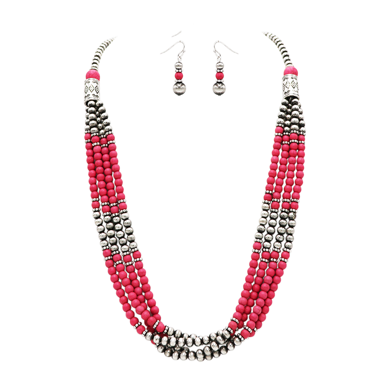 Women's Stunning Western Navajo Pearls Draping With Fuchsia Pink Howlite Stone Beads Multistrand Necklace Earrings Set, 30"+3" Extender