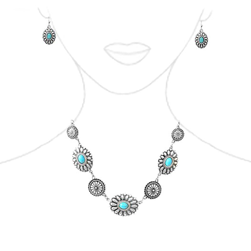 Women's Cowgirl Chic Natural Howlite Stone Center Concho Western Jewelry Gift Set (Turquoise Burnished Silver Tone Necklace And Earrings, 18"+3" Extension)