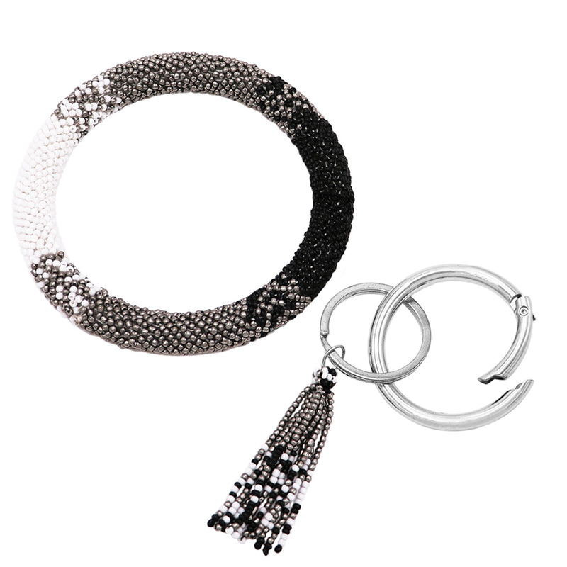 Stunning Wristlet Leopard Print Bangle Bracelet Key Chain Ring Clip Holder, 3" Inside Diameter (Black Silver White Ombre/Silver Tone)