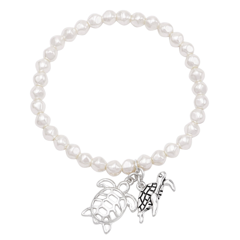 Simulated Pearl With Whimsical Sea Turtle Dangle Charms Stretch Bracelet, 6"