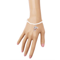 Simulated Pearl With Whimsical Sea Turtle Dangle Charms Stretch Bracelet, 6"