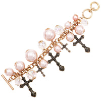 Rosemarie's Religious Gifts Women's Stunning Burnished Gold Tone Cross Charms Faceted Crystal And Simulated Pearls On Designer Style Toggle Clasp Bracelet, 6"-6.75"