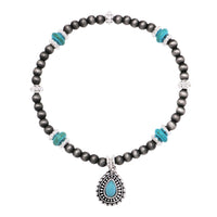 Dainty Western Howlite Stone Concho Charm On 4mm Metallic Pearl Stretch Bracelet, 6.5" (Turquoise Howlite Stones)