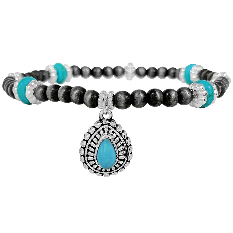 Dainty Western Howlite Stone Concho Charm On 4mm Metallic Pearl Stretch Bracelet, 6.5" (Turquoise Howlite Stones)