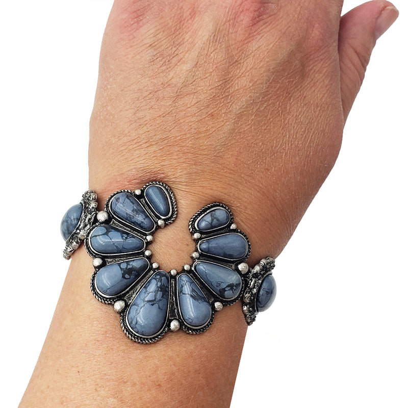 Cowgirl Chic Unique Grey Natural Howlite Stone Statement Western Squash Blossom Stretch Bracelet, 6.5"