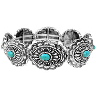 Cowgirl Chic Statement Western Burnished Silver Tone Concho With Turquoise Howlite Semi Precious Stone Stretch Bracelet, 7.25"