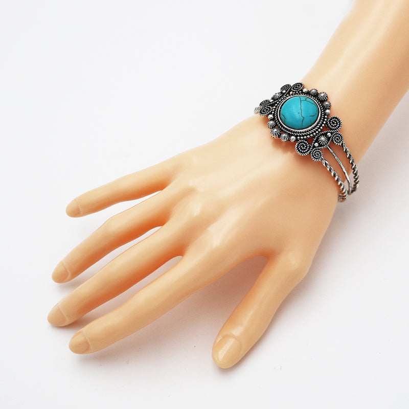 Women's Western Style Natural Semi Precious Howlite Stone Open Cuff Bracelet, 2.5" (Round Turquoise Howlite Decorative Swirl)