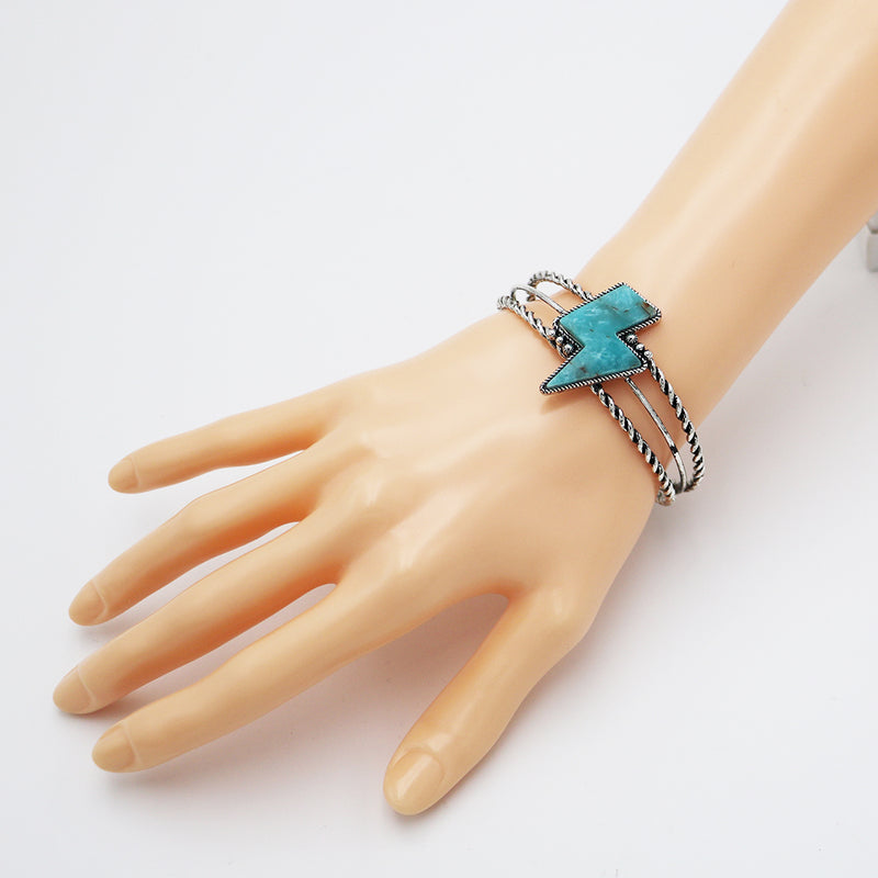 Women's Western Style Natural Semi Precious Howlite Stone Open Cuff Bracelet, 2.5" (Lightning Bolt Turquoise Howlite)