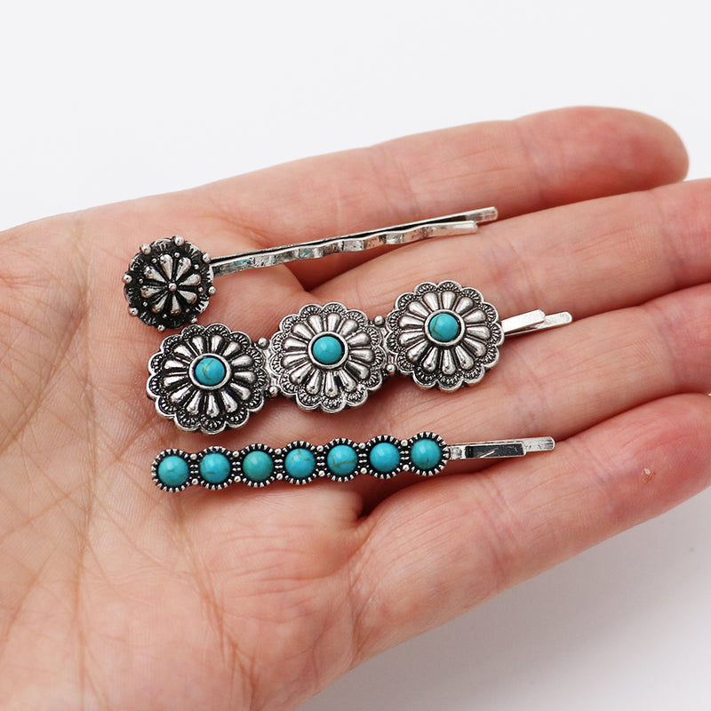 Cowgirl Chic Western Style Conchos Turquoise Howlite Stone Set Of 3 Hair Clip Bobby Pin Barrettes (Turquoise Howlite With Conchos)