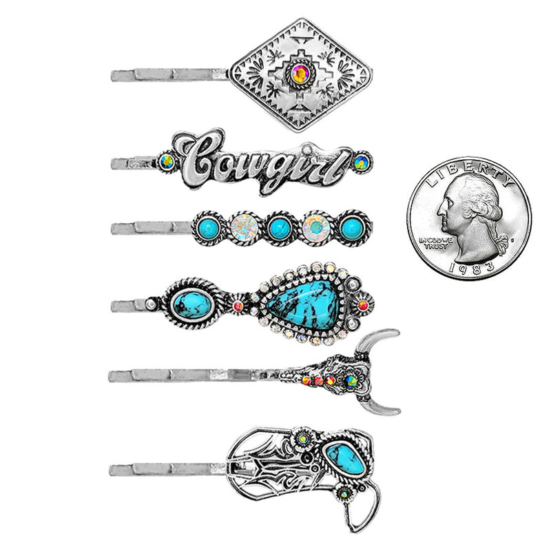 Cowgirl Chic Western Style Conchos Turquoise Howlite Stone Hair Clip Bobby Pin Barrettes (Turquoise Howlite And AB Crystal Adorned Set Of 6)