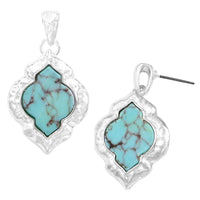 Women's Chic Western Style Hammered Silver Tone Quatrefoil With Natural Turquoise Howlite Stone (Dangle Earrings, 1.75")