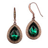 Stunning Colorful Teardrop Crystal Rhinestone Halo Statement Drop Holiday Gift Giving Earrings, 2" (Green With Champagne Crystal Halo Burnished Copper Setting)