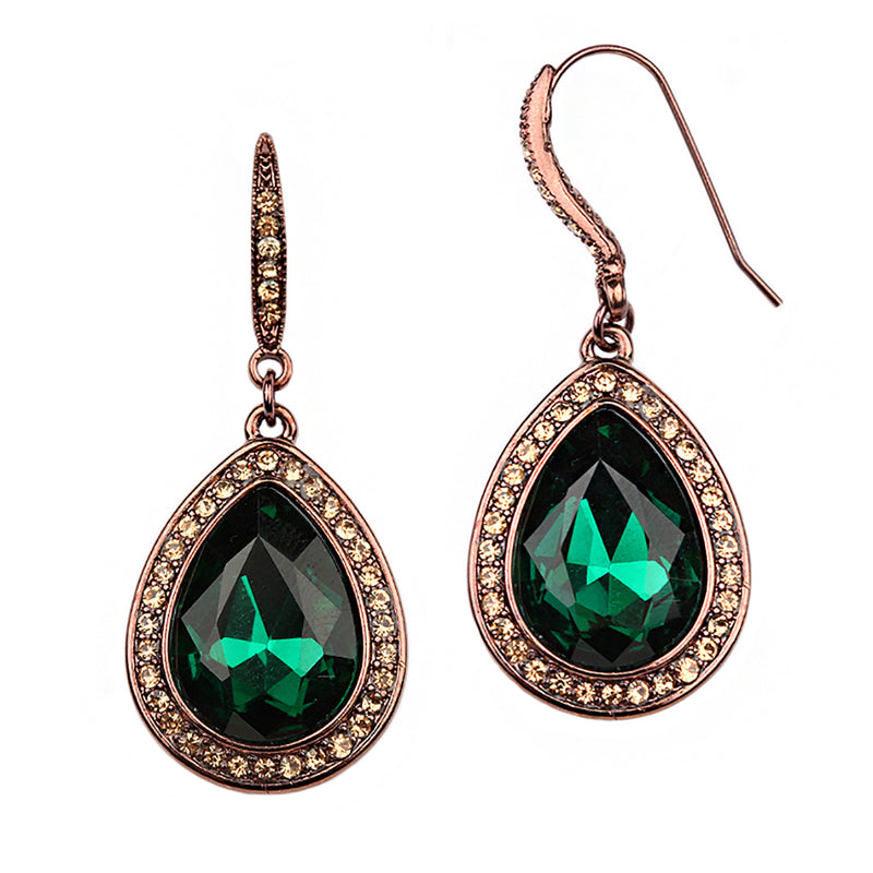 Stunning Colorful Teardrop Crystal Rhinestone Halo Statement Drop Holiday Gift Giving Earrings, 2" (Green With Champagne Crystal Halo Burnished Copper Setting)