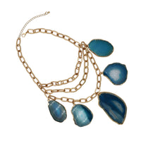 Statement Natural Howlite Stone Slices On Chic Matte Gold Tone Multistrand Paperclip Link Chains Bib Necklace, 16"+3" Extension (Blue Agate Slices)