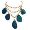 Statement Natural Howlite Stone Slices On Chic Matte Gold Tone Multistrand Paperclip Link Chains Bib Necklace, 16"+3" Extension (Blue Agate Slices)