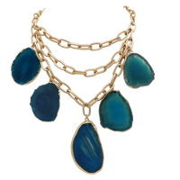 Statement Natural Howlite Stone Slices On Chic Matte Gold Tone Multistrand Paperclip Link Chains Bib Necklace, 16"+3" Extension (Blue Agate Slices)