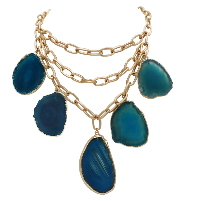 Statement Natural Howlite Stone Slices On Chic Matte Gold Tone Multistrand Paperclip Link Chains Bib Necklace, 16"+3" Extension (Blue Agate Slices)