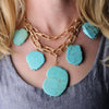 Statement Natural Howlite Stone Slices On Chic Matte Gold Tone Multistrand Paperclip Link Chains Bib Necklace, 16"+3" Extension (Turquoise Blue Howlite Slabs)