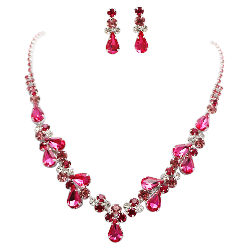 Stunning Rhinestone Crystal Teardrop Statement Necklace Hypoallergenic Drop Earrings Set, 15"+6" Extender (Rose Pink Silver Tone)