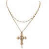 Cross And Simulated Pearls 2 Strand Multi Chain Necklace,16"+3" Extension (Heart Center Cross Double Strand)