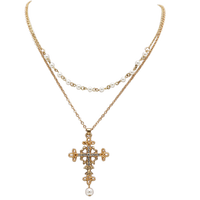 Cross And Simulated Pearls 2 Strand Multi Chain Necklace,16"+3" Extension (Heart Center Cross Double Strand)