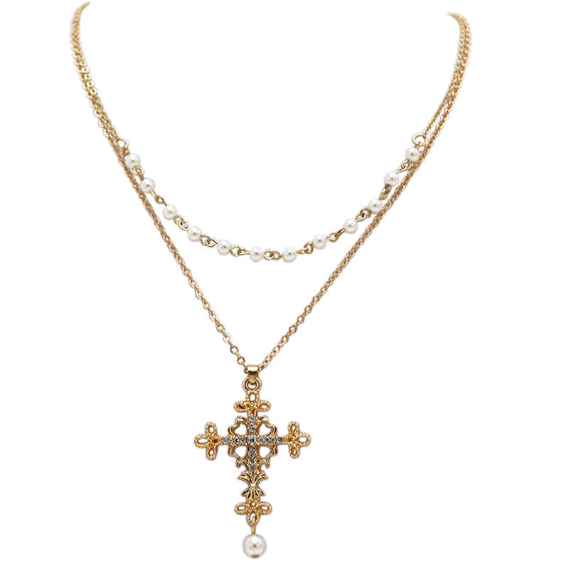 Women's Stunning Gold Tone Christian Cross With Simulated Pearls Double Strand Chain Necklace Easter Gift,16"+3" Extension