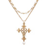 Women's Stunning Gold Tone Christian Cross With Simulated Pearls Double Strand Chain Necklace Easter Gift,16"+3" Extension