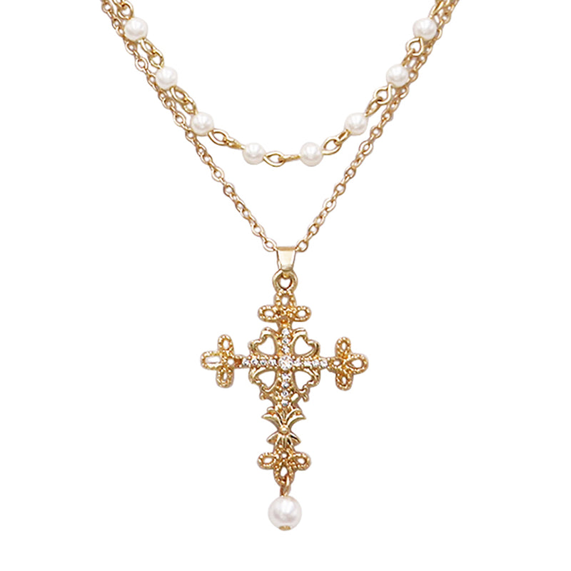 Women's Stunning Gold Tone Christian Cross With Simulated Pearls Double Strand Chain Necklace Easter Gift,16"+3" Extension