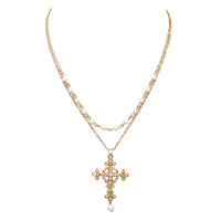 Women's Stunning Gold Tone Christian Cross With Simulated Pearls Double Strand Chain Necklace Easter Gift,16"+3" Extension